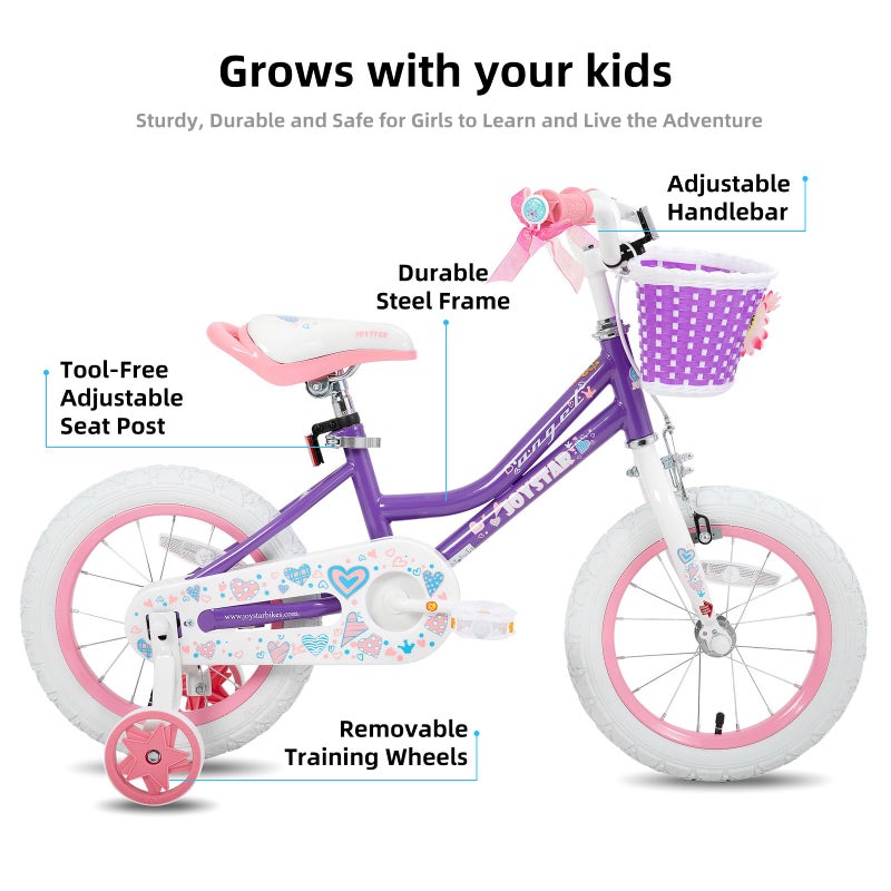 JOYSTAR دراجة جويستار 12 بوصة للبنات دراجة للأطفال من 2 إلى 4 سنوات 12" دراجات للأطفال للأعمار من 2-4 سنوات مع عجلات تدريب وسلة دراجة أطفال باللون الأرجواني - Image 2